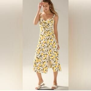 WHBM Lemon Print Midi Dress 12 Sweetheart Tie Front Smocked Back Summer Brunch